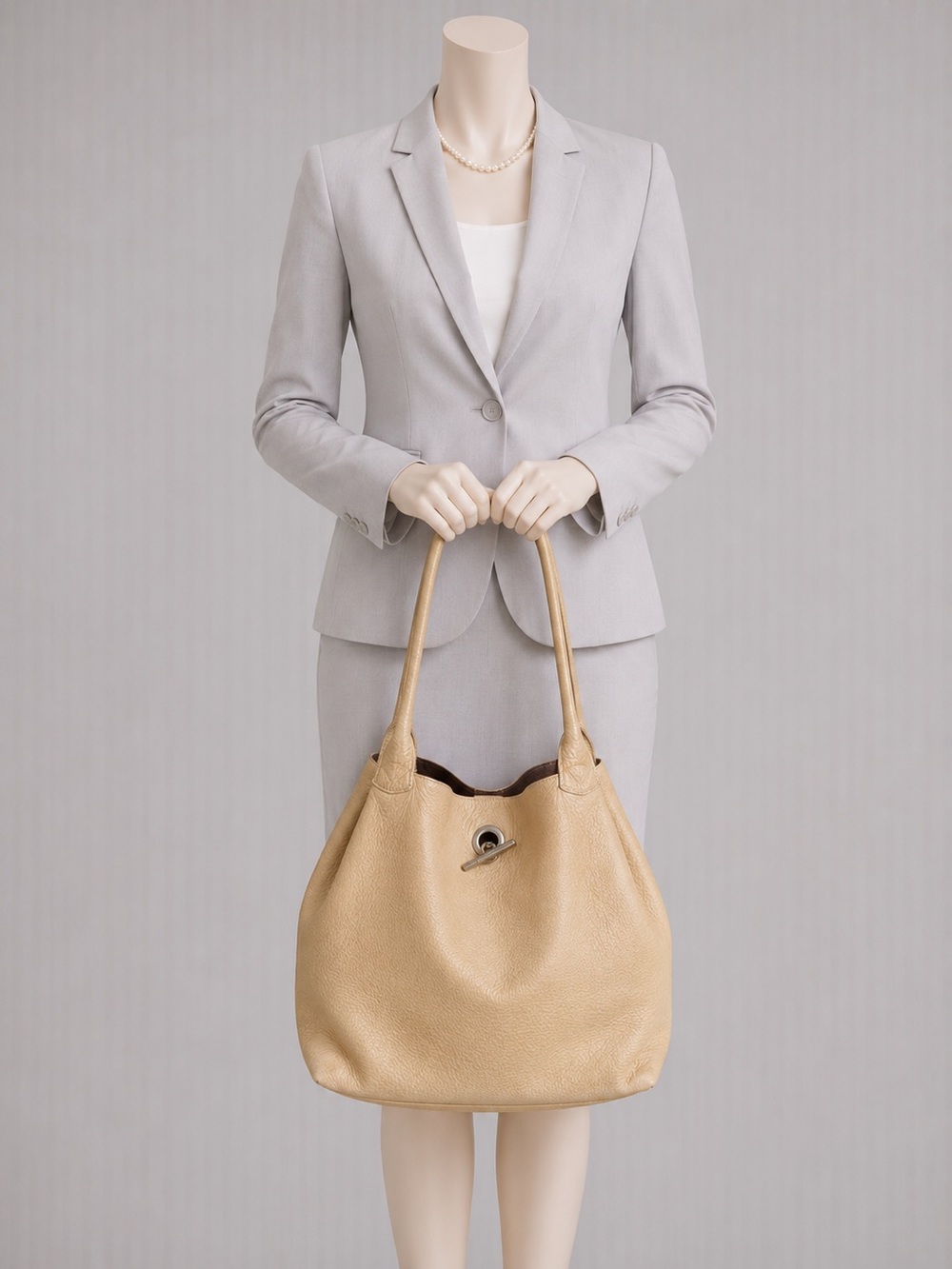 Soft Pebbled Leather Shoulder Tote Bag Cream Butterscotch Suede Lined w wallet